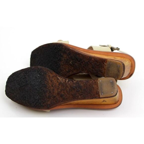 Frye CRINKLE BEIGE REAL LEATHER OPEN TOE 2.5" HEEL WOOD WEDGE SLINGBACK SHOES 8M - Picture 8 of 11